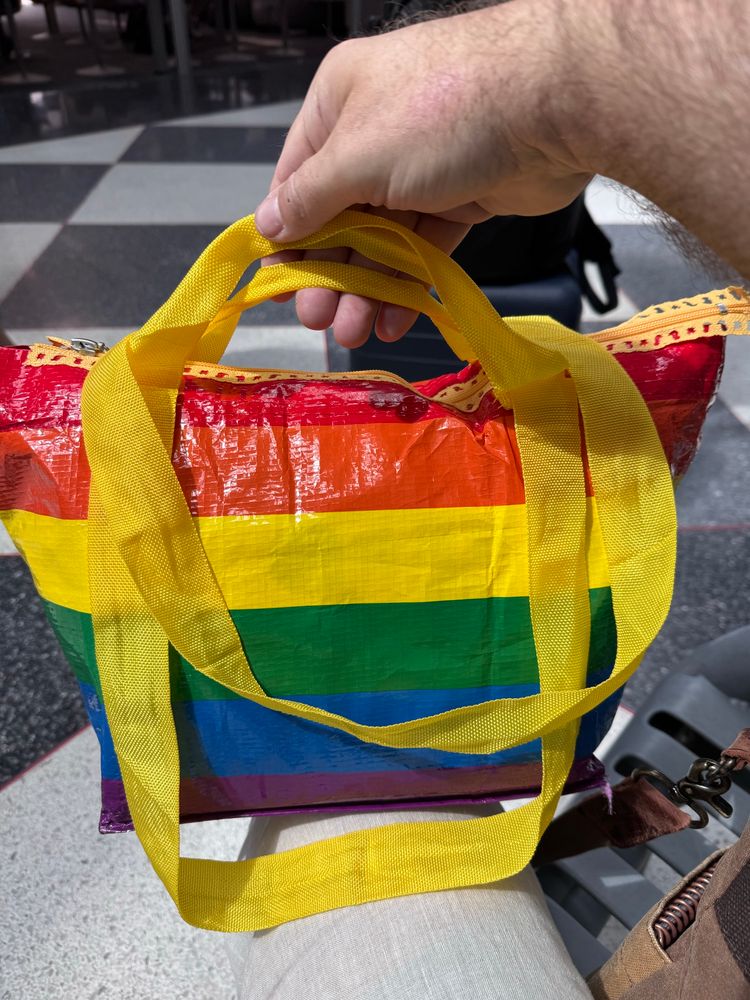 A rainbow Ikea shopping bag with a zipper attached making it a small handbag. 