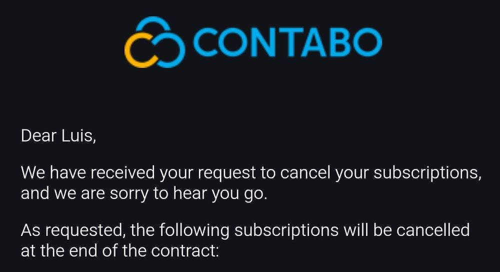 Captura de un email de contabo diciendo que lamentan que se haya decidido cancelar el contrato