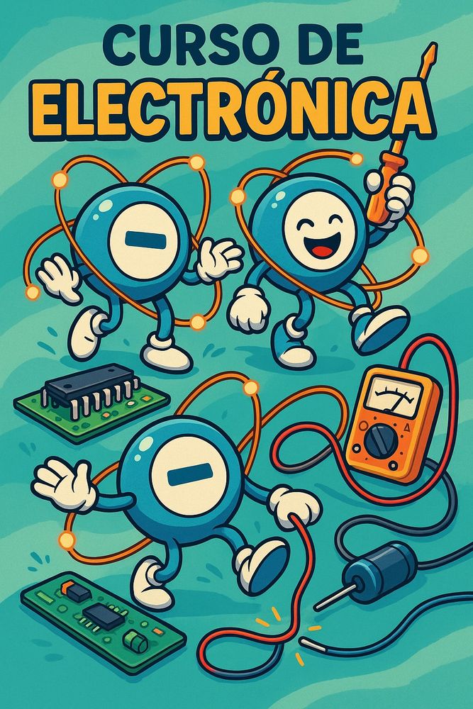 Imagen de la portada del curso. Pone "Curso de electrónica" y debajo aparecen varios muñecos graciosos que simbolizan electrones. Son azules y tienen manos y piernas. Están manipulando cables, placas electrónicas y un polímetro