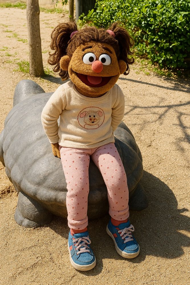 Foto de una imagen generada por IA, sobre una foto real de una niña apoyada en una piedra con forma de tortuga, en el que la IA ha sustituido la niña por un muñeco de felpa estilo teleñeco.
