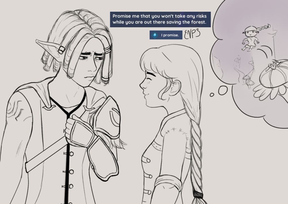 Hassian from Palia telling the player to "Promise me that you won't take any risks while you are out there saving the forest."
My character says she promises, while she has a flashback to when she jumped off a bouncy shroom that's about.. 20 feet off the ground?