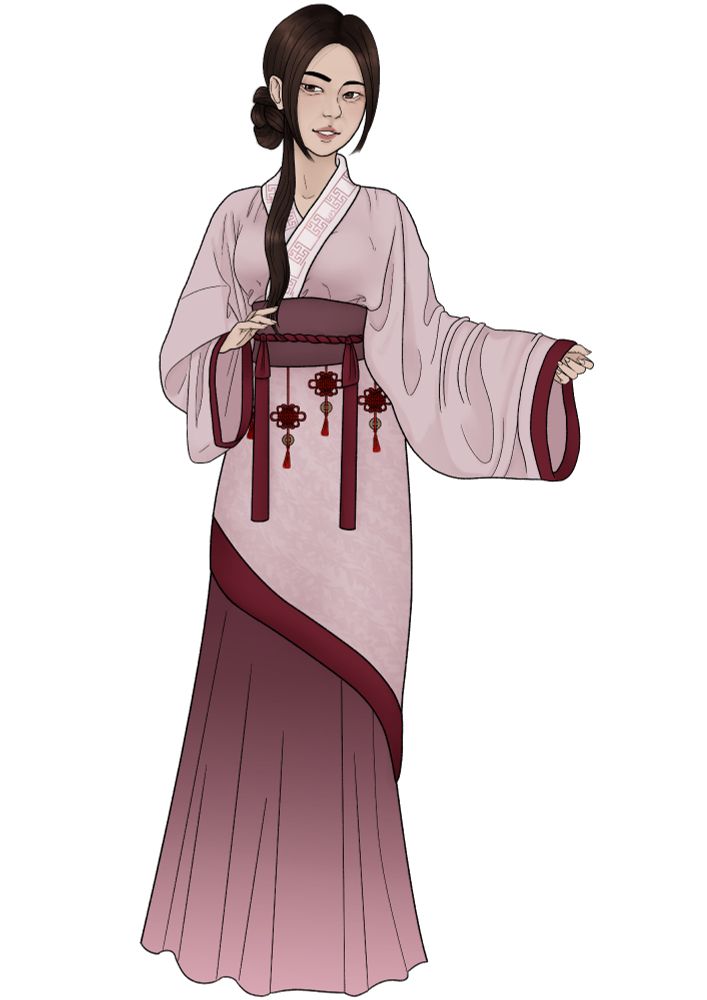 Qing Yi is a middle-aged human woman with dark brown hair and eyes. She wears a pink quju shenyi hanfu similar to what was worn in the Han dynasty time period, though having a more modernized take. (Notably, the bottom layer of the robe is missing, showing off more of the gradient skirt beneath) Hanging from her sash are lucky tied knots with coins attached, as a way to hint to the viewer that she's superstitious. 