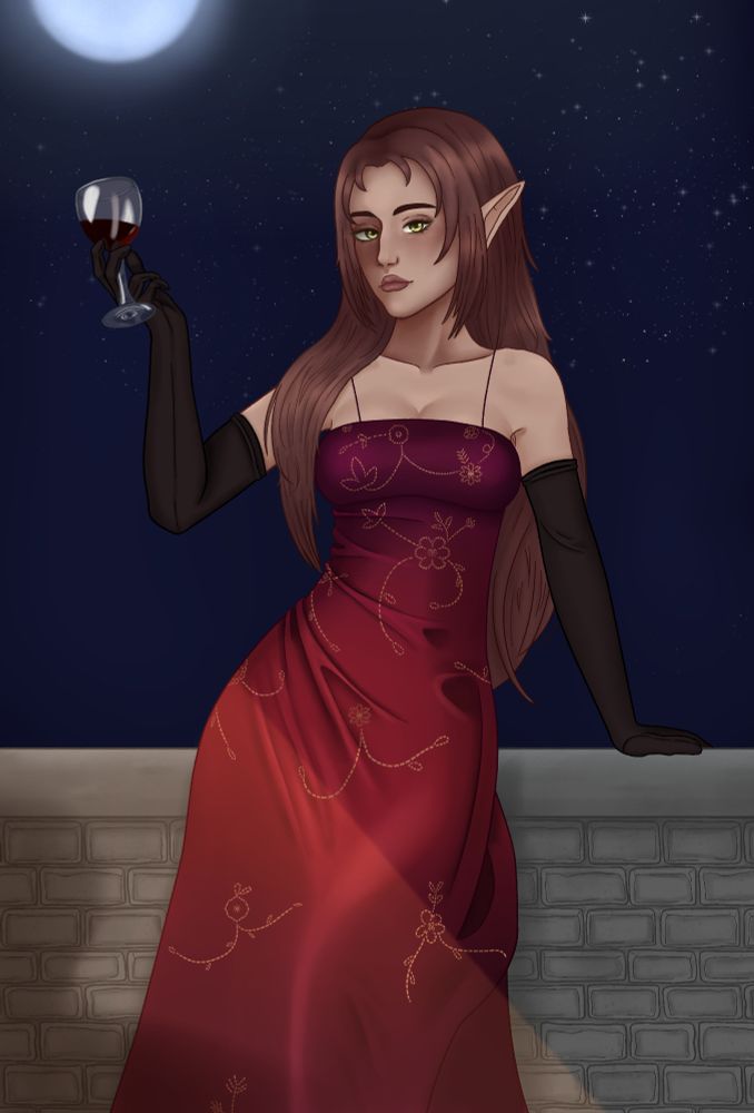 My DnD character, Naya, is a female elf with long reddish brown hair and hazel eyes. She is wearing a red 90s-esque dress with black opera gloves. She is leaning against a stone balcony and holding a wine glass in her right hand. In the background is the starry night sky. There is a warm light emanating from somewhere off-screen in front of her, and you can see someone's shadow.