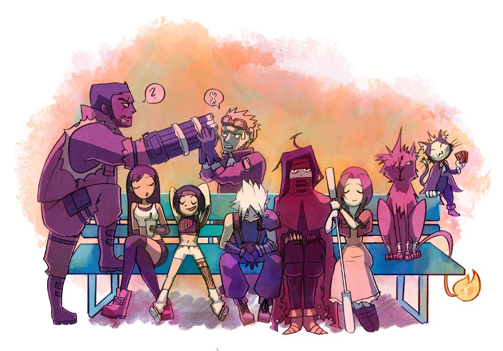 Ff7 characters resting on a bench