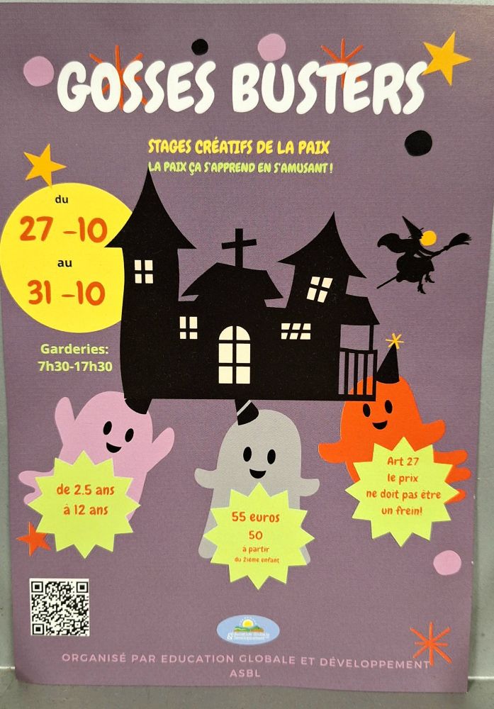 Affiche pour un stage créatif sur le thème d'halloween, dont le nom est "gosses busters"
