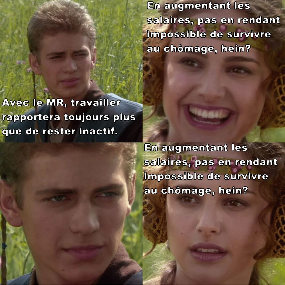 mème de Star Wars avec Padme et Anakin assis dans l'herbe, en plein picnic; Anakin dit "Avec le MR, travailler rapportera toujours plus que de rester inactif.". Sur la seconde image, Padme dit en riant "En augmentant les salaires, pas en rendant impossible de survivre au chômage, hein?". La troisième image du mème n'a pas de sous-titre, suggérant qu'Anakin soutient le regard silencieusement. Sur la quatrième, Padme a perdu le sourire, répétant sa phrase mais avec son expression il est évident qu'elle n'y croit pas.