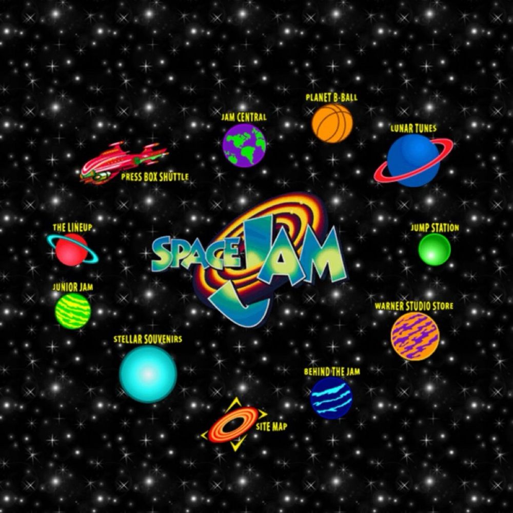 the 1996 space jam website featuring the following planets orbiting the space jam logo clockwise: jam central, planet b-ball, lunar tunes, jump station, warner studio store, behind the jam, site map, stellar souvenirs, junior jam, the lineup, and press box shuttle