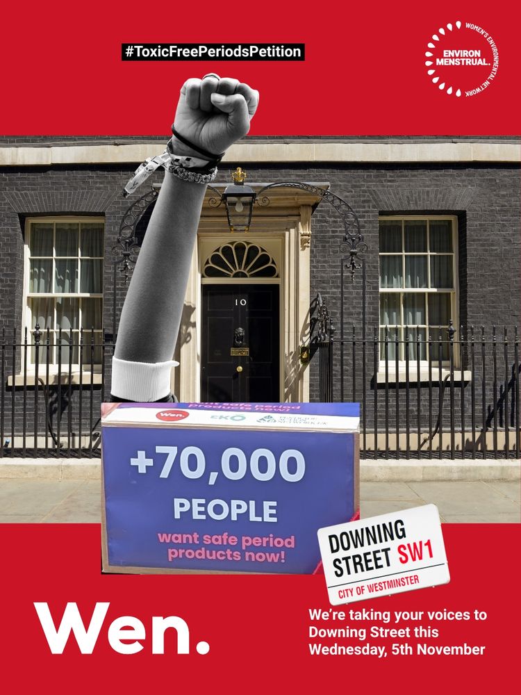 Downing street front door with the petition box which says: 70k plus people want safe period products now! - we're taking your oices to Downing Street this Wednesday 5th November. 