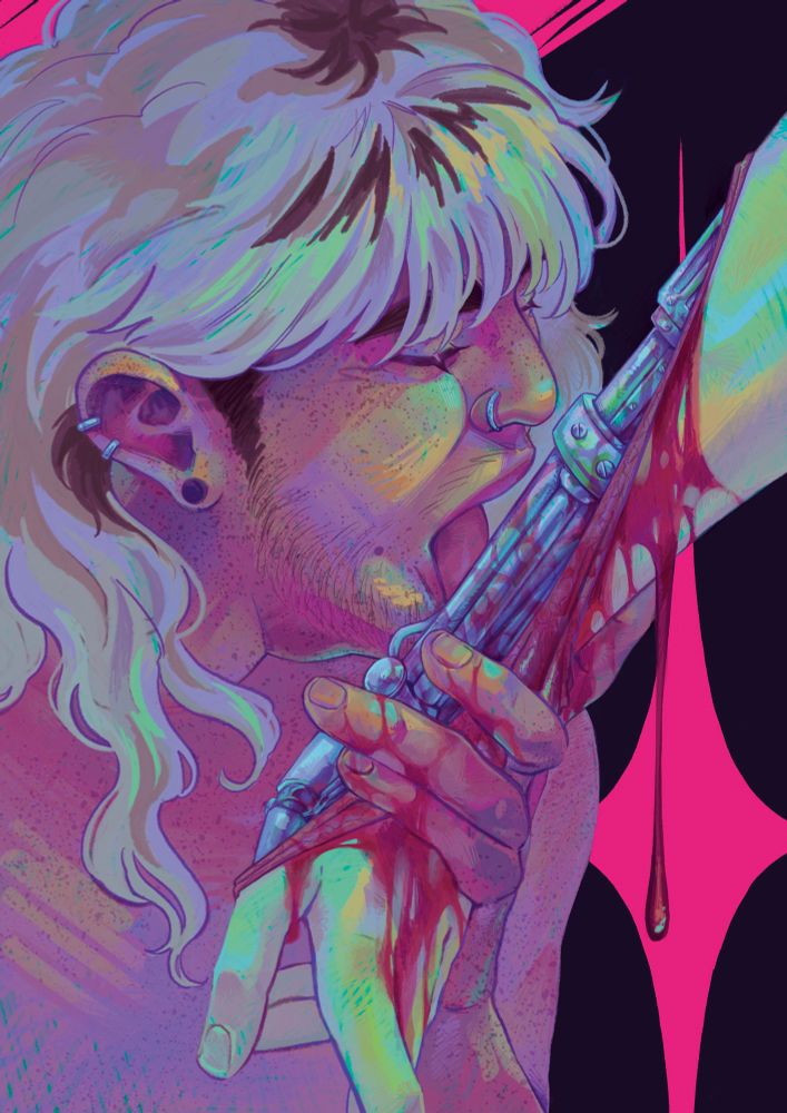 Digital art of my original characters Jay (he/she) and Nathan (he/him). 
Nathan only has his arm visible in frame. It has been sliced open revealing a robot arm underneath the flesh. Jay is gently holding his wrist while licking away blood from the machinery. 