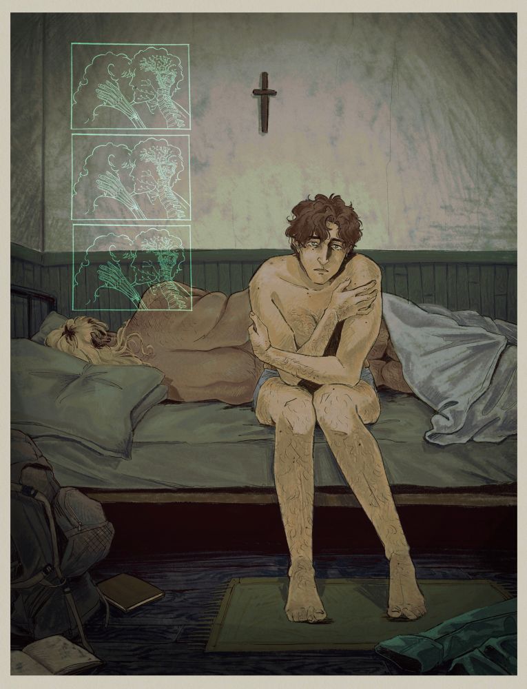 Digital art of my original characters Nathan (he/him) and Jay (he/she) 
Nathan is sitting on his bed, starring off in the distant while hugging himself. jay laying at his side sleeping. The room is cold and lifeless. 