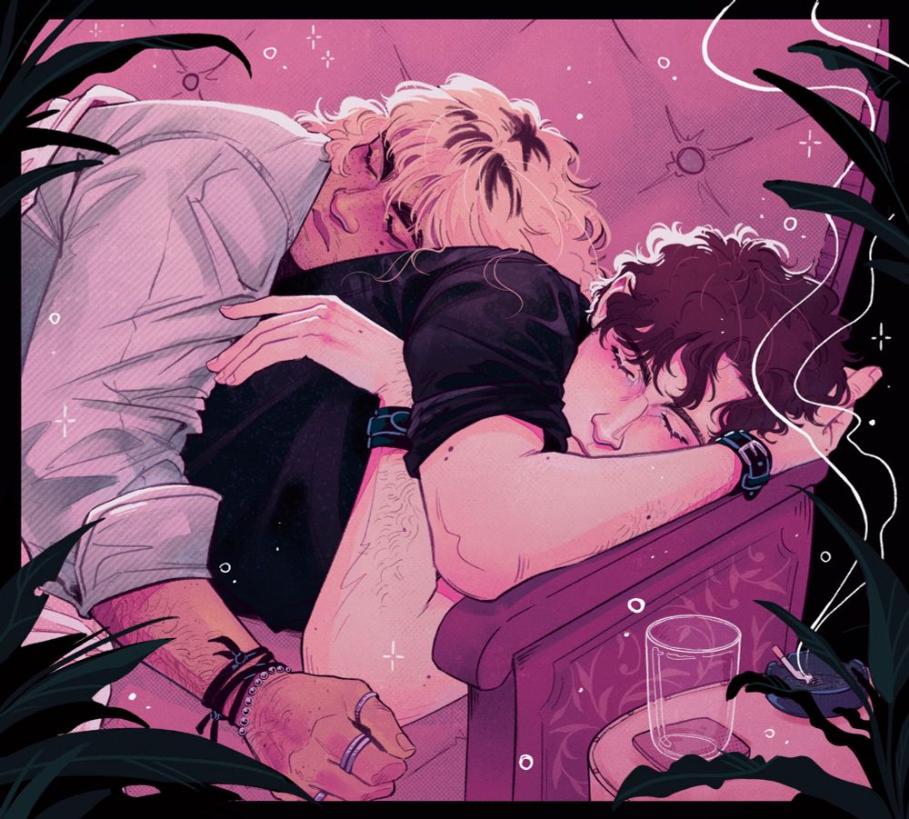 Digital art of my original characters Jay and Nathan.
They are sleeping on a couch, Nathan is has his head rested on the armrest while Jay is sleeping on top of him.
There’s a small table next to them with a glass and an ashtray with a cigarette in it on top of it. There’s still smoke coming from the cigarette. There’s plant on the foreground of the image. 
