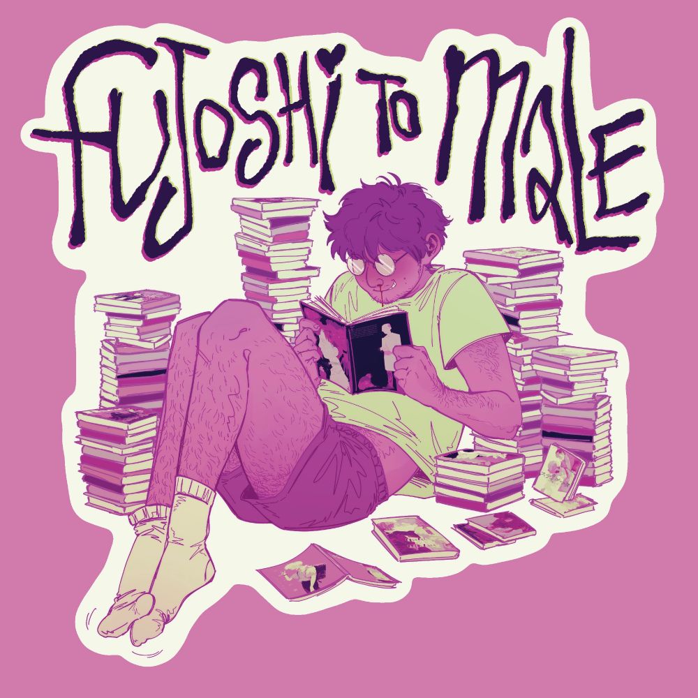Digital art of a trans guy sitting on the floor, reading yaoi with a smile on his face and a nose bleed. There’s piles of bl mangas surrounding him. There’s text at the top of the image reading “fujoshi to male” 