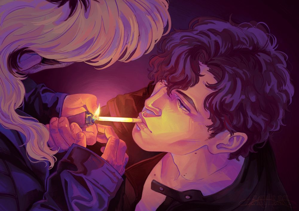 Digital art of my original characters Jay (she/her) and Nathan (he/him)
Nathan is on his knees looking up at Jay who’s standing in front of him. Nathan is looking up at him with a cigarette in his mouth while she is lighting it up.
