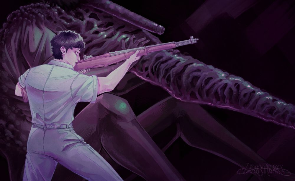 Digital art of Levi from Fear and Hunger Termina.
He is standing with a scared look on his face. He is holding a rifle toward someone or something off screen. Behind him there is his moonscorched, Weeping Scope