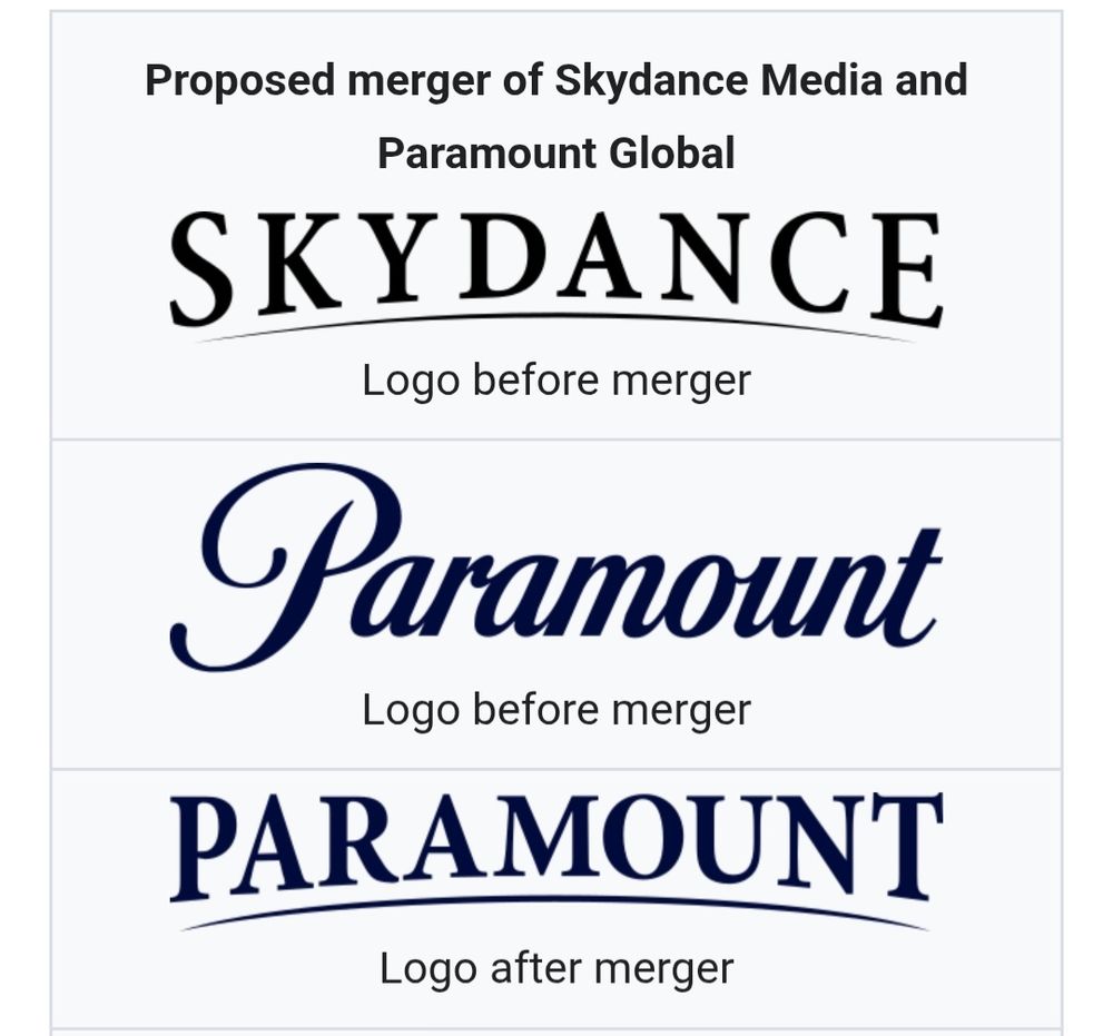 Proposed merger of Skydance Media and Paramount Global. Image shows the Skydance and Paramount logos prior to the merger and the new Paramount logo, which just reads "Paramount" in the same boring typeface as the Skydance logo with a line under it. 