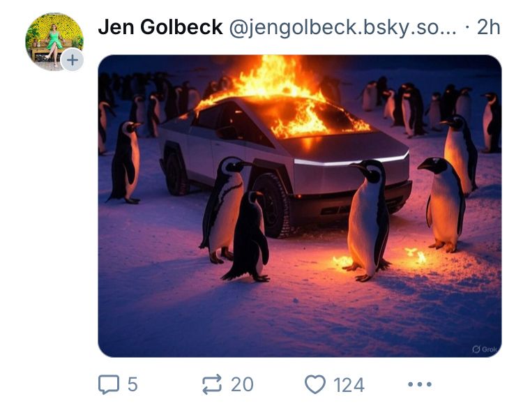 A screenshot of a bluesky post. There is no body, just an AI-generated image of penguins surrounding a cybertruck on fire.