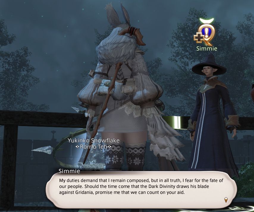 Simmie: My duties demand that I remain composed, but in all truth, I fear for the fate of our people. Should the time come that the Dark Divinity draws his blade against Gridania, promise me that we can count on your aid.

there is tension weather in the background