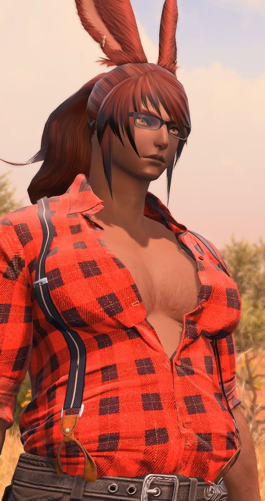 Yadokkya in a red flannel shirt that's half unbuttoned