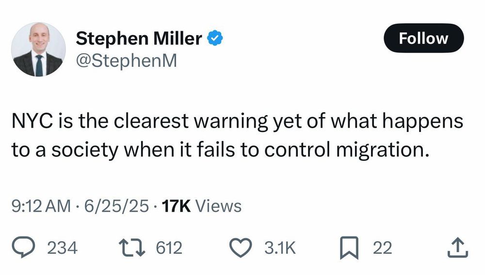 Ghoul Stephen Miller warns NYC is what happens when a society “fails to control migration”