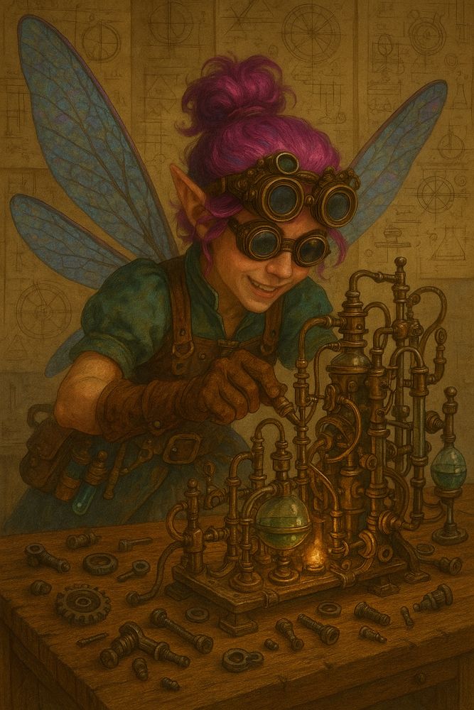 Wilhemina Popcog at her workbench creating an elaborate contraption