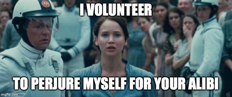 Katness saying "I volunteer to perjure myself for your alibi!"