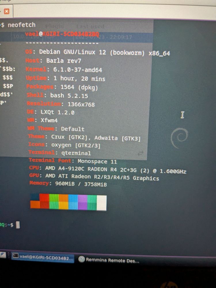 A Neofetch output for Debian 12. The host is "Barla rev7", which is a HP Chromebook 11 G6 and G8 EE (Education Edition). The running kernel is 6.1.0-37-AMD64, with an uptime of one hour and twenty minutes. There are 1564 installed Debian packages. The shell is bash, version 5.2.15.

The display resolution is 1366x768 - the desktop environment is LXQT 1.2 with the XFWM4 window manager. The Crux theme is in use for GTK2 with Adwaita for GTK3, alongside the Oxygen icon theme. QTerminal is in use with the monospace font, at size 11.

The CPU is an AMD A4-9120C with Radeon R4 graphics. It has 4GB of RAM with 960MB in use.