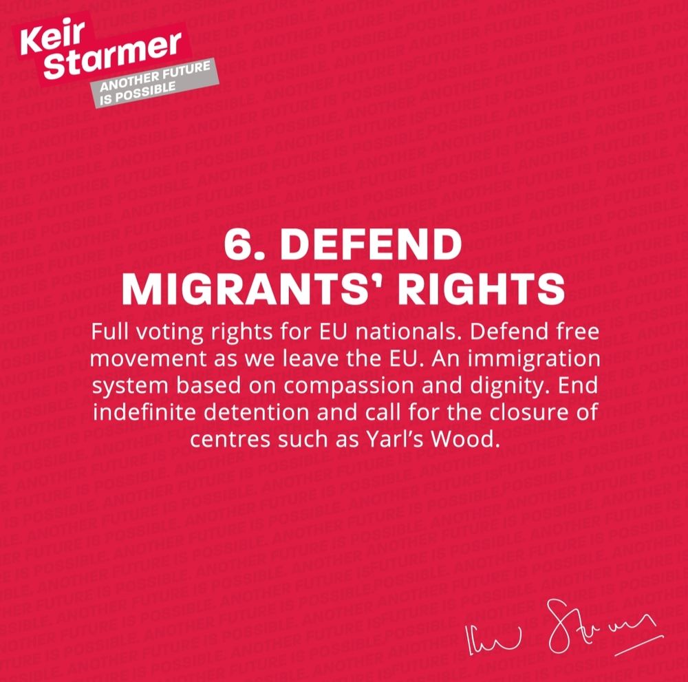 Screen shot of one of Keir Starmers pre election pledges about defending migrants rights