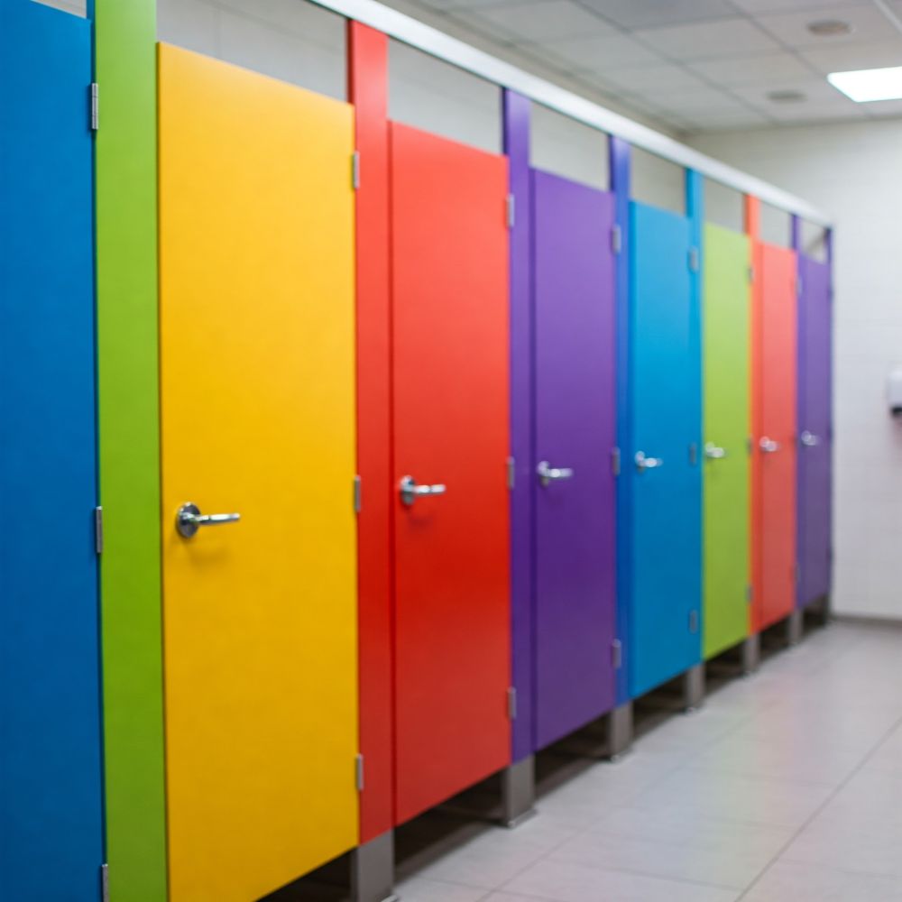 AI generated image of a room with a number of toilet cubicles all with brightly coloured doors in a range of colours 