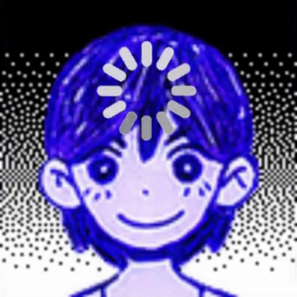 a cartoon of a boy with blue hair and a loading screen on his head .