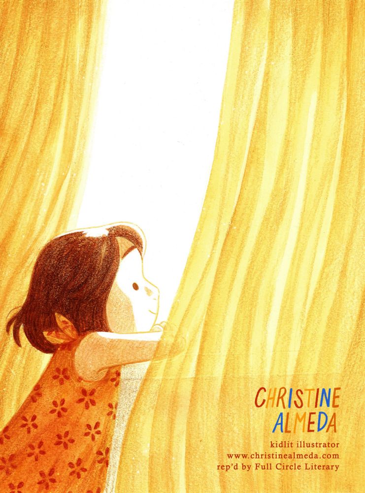 Young girl in orange sundress looking out window with yellow curtains beside her 