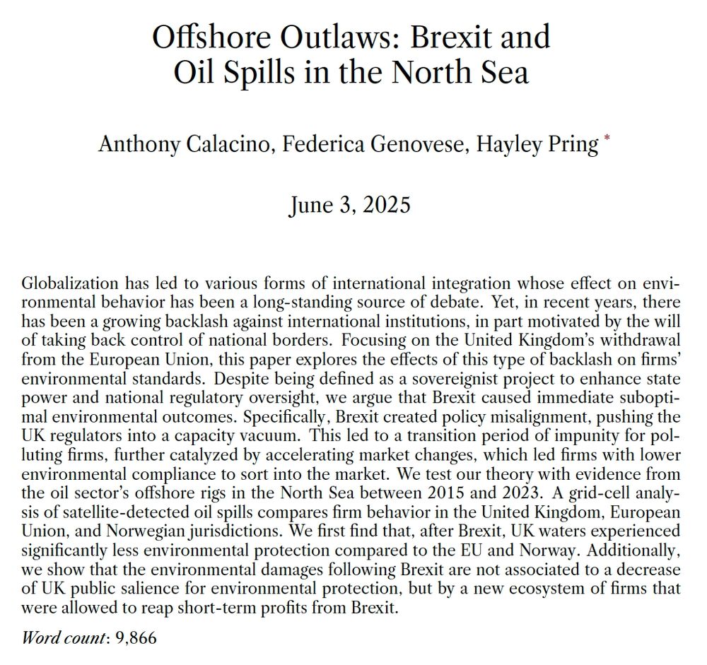 Abstract of "Offshore Outlaws: Brexit and Oil Spills in the North Sea" by Anthony Calacino, Federica Genovese, Hayley Pring (University of Oxford)