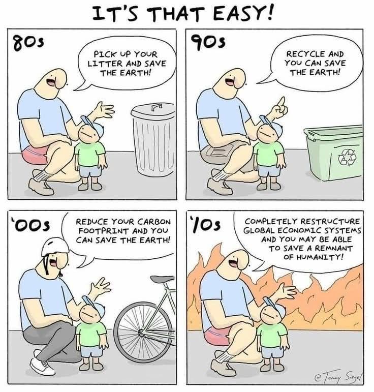 It's that easy! 80s: Pick up your litter and save the earth! 90s: Recycle and you can save the earth! '00s: Reduce your carbon footprint and you can save the earth! '10s: Completely restructure global economic systems and you may be able to save a remnant of humanity!