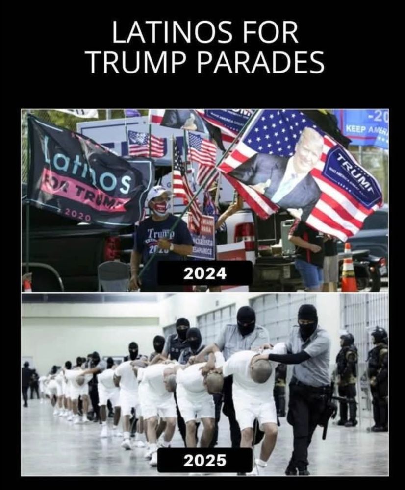 Image showing Latinos for Trump in 2024 in the streets and 2025 in jail. 