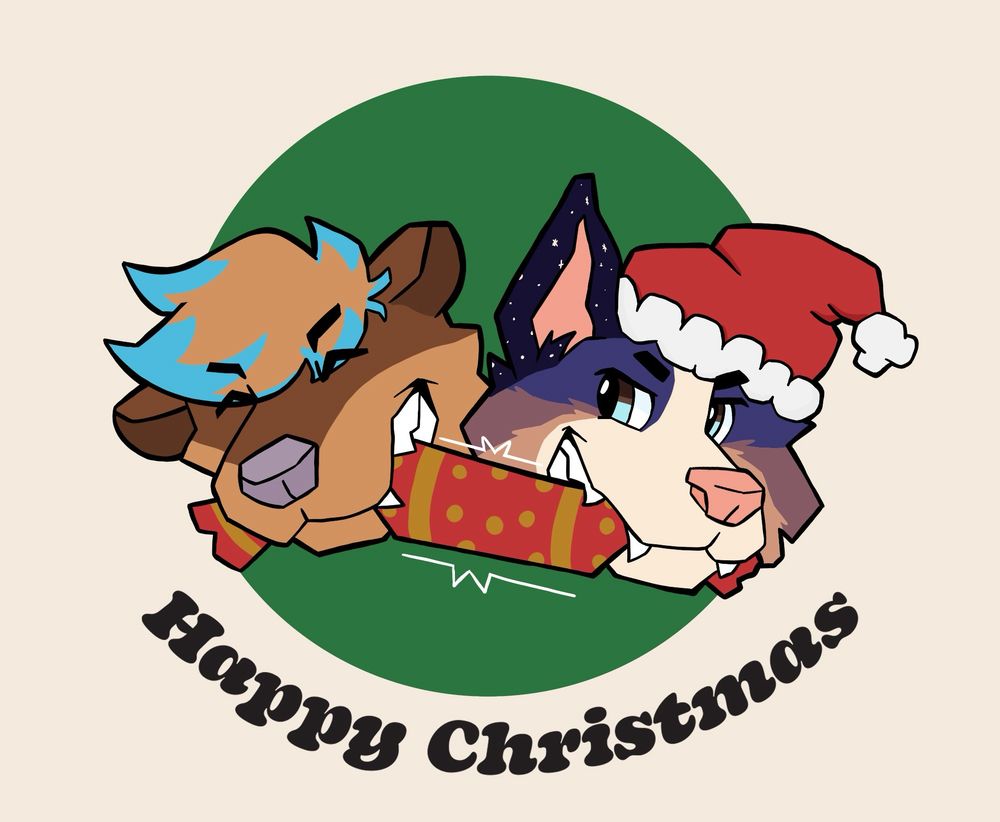 A Christmas card style art piece showing Noah and his partners character wrestling over a Christmas cracker. Text below says “happy Christmas”