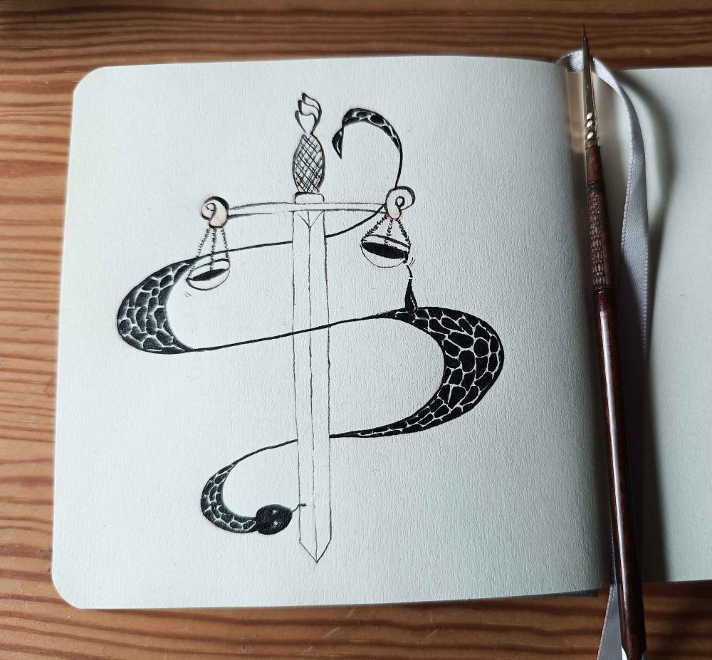 A photograph showing a sword with scales attached to its hilt. A snake wrapped around the sword has moved them, and a drop of liquid is spilling from one of them.