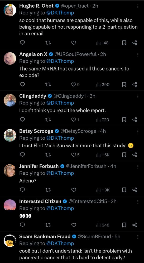 Screenshot of tweet replies. They're about what you'd expect: a few conspiratorial, some upset it's being called a vaccine, doubt of truth or usefulness, a few positive responses. 