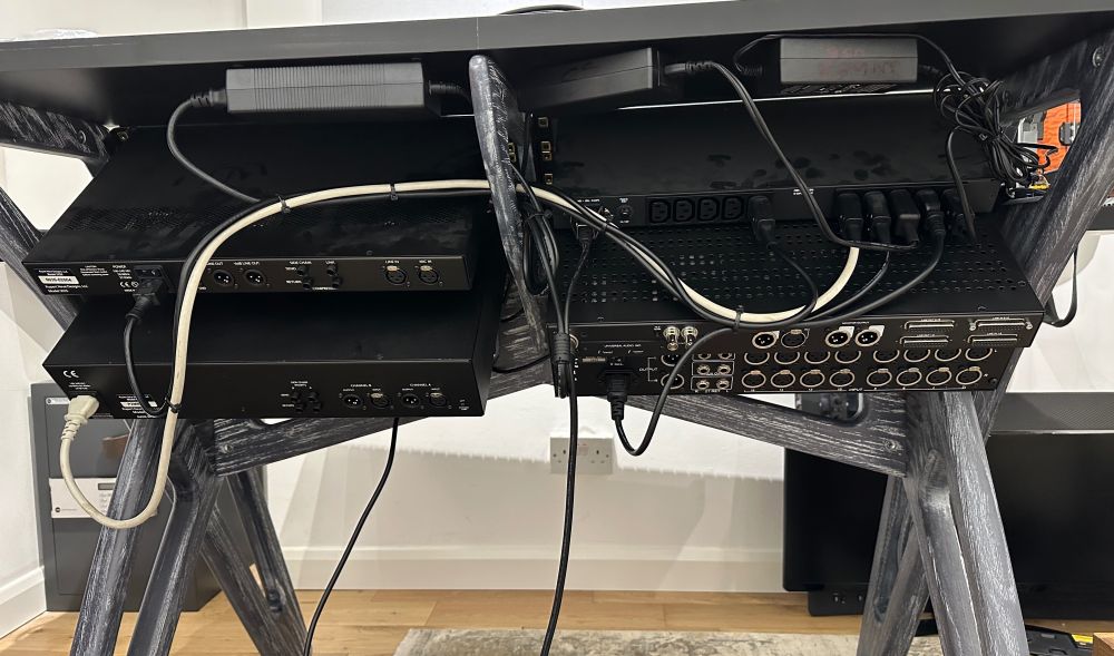 Rear of audio studio desk showing power cabling looms.
