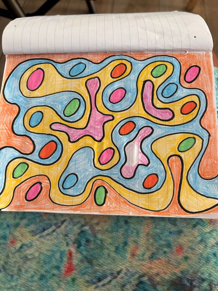 Photo of a page. Fluid vibrant multi coloured curved shaped designs with thin black outlines 