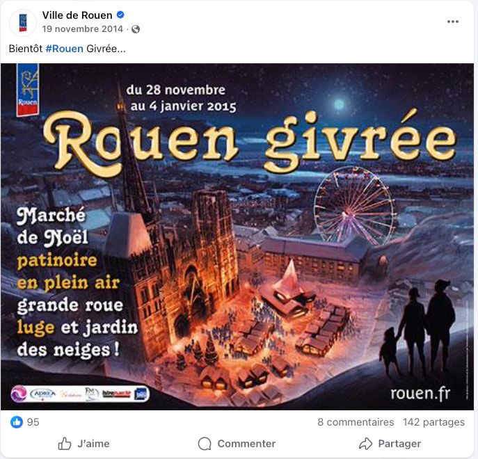 Affiche "Rouen givrée" par Pierre Loyvet 2014. personnages en surplomb de la cathédrale, chalets et grande roue illuminées.
