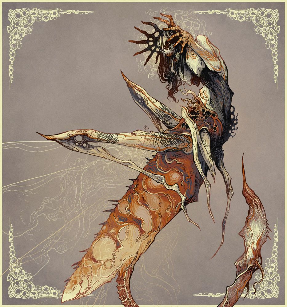 A Locust of Abaddon, a creature with the body of a locust, the upper half of a human, the hair of a woman, a crown of hands, and a tail of a scorpion