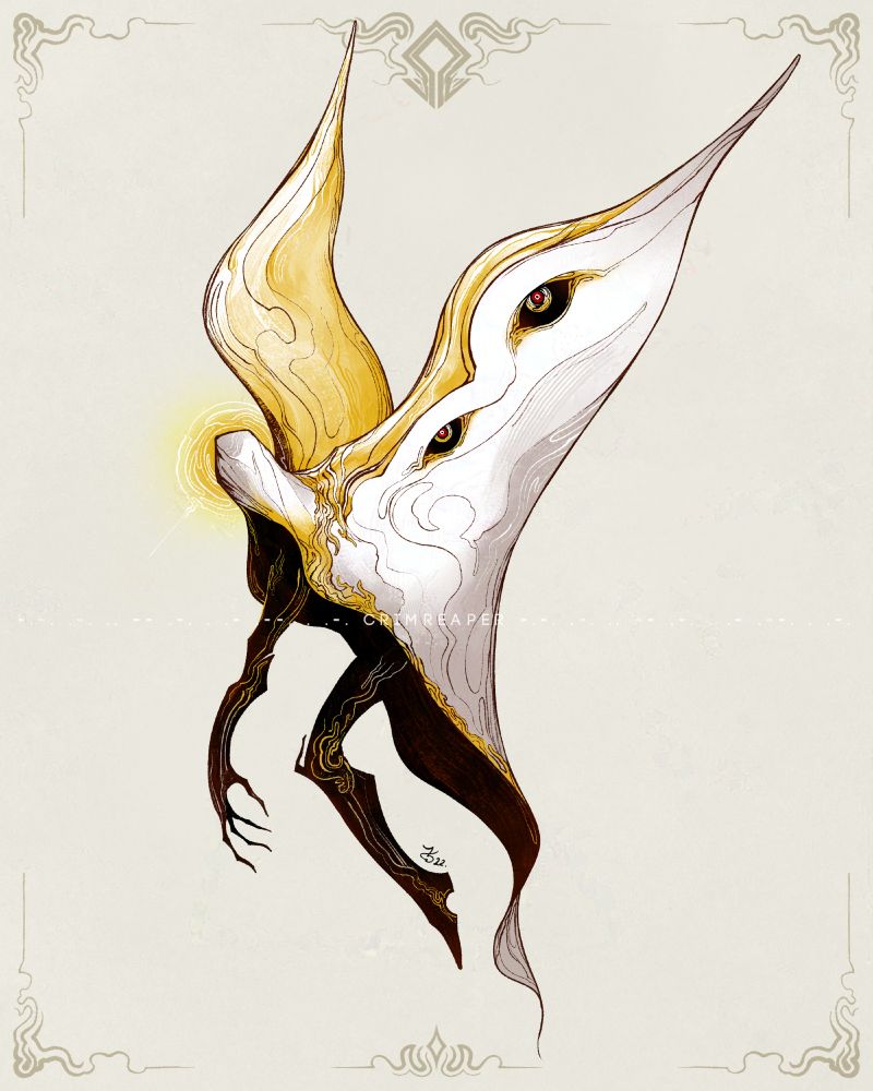 An Angel consisting of a giant white and golden cloak shaped like wings with two eyes. There's a robotic hand and leg coming from inside the cloak