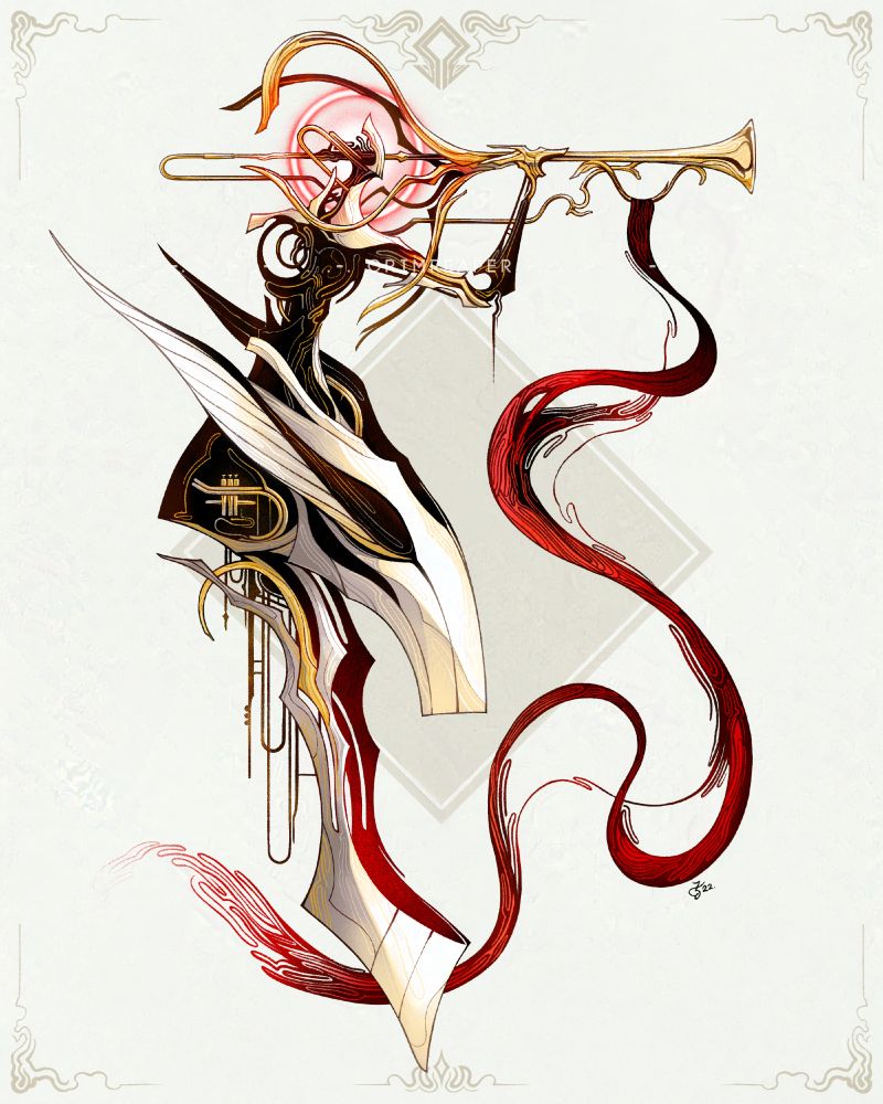 A mechanical looking entity with a large skull-like structure with wings coming form its eyes as its lower half, and a humanoid body as its upper half, with a single hand attached to a large golden trumpet with a long red banner. The entity is seemingly playing the trumpet