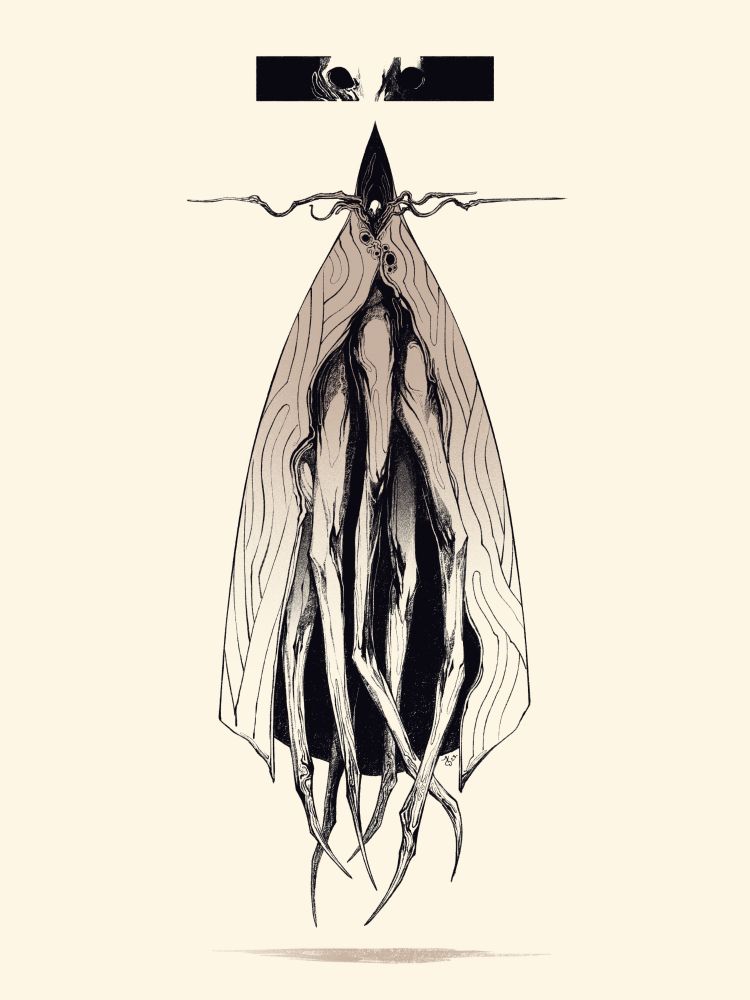 A floating giant creature with a vaguely human face, wearing a large cloak from where many clawed limbs spread