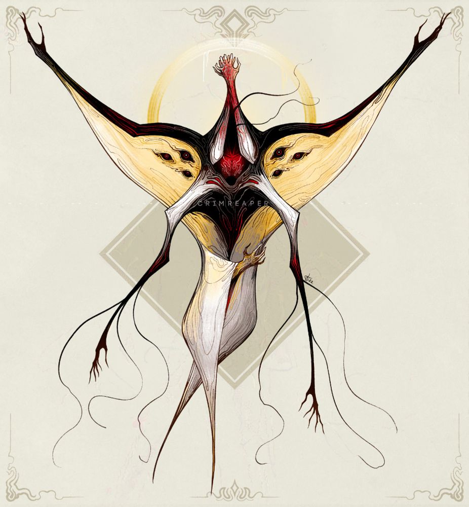 An eight armed Angel. Two arms are burned and holding each other at the top. Two arms are extended and have membrane-like wings, which has three pair of black eyes. Two arms are down and have tendrils flowing. Two arms rest at the bottom, are crossed and have wings that act like sleeves