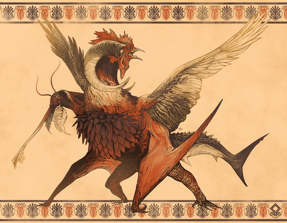 Chimaera made out of: the head of a rooster; extra head of a mosquito mixed with a cockroach; goat horns; scally gastrodon scales; dragon legs; peacock wings; shark tail; and crocodile scutes