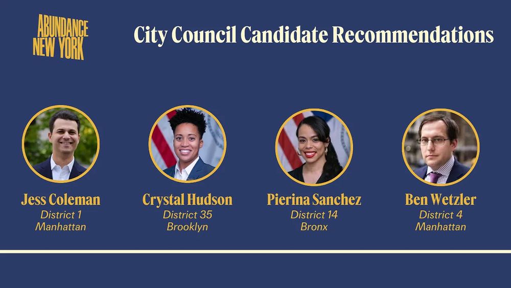 ABUNDANCE NEW YORK
City Council Candidate Recommendations
Jess Coleman
Crystal Hudson
Pierina Sanchez
Ben Wetzler