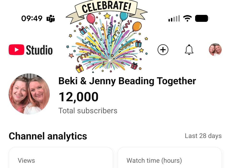 Screenshot from the YouTube Studio app showing the top of the stats page. There is a sticker on the screenshot that says "Celebrate!" And a graphic of confetti, balloons, etc. 
The YouTube channel name is Beki & Jenny Beading Together
Under their name it says "12,000 total subscribers"