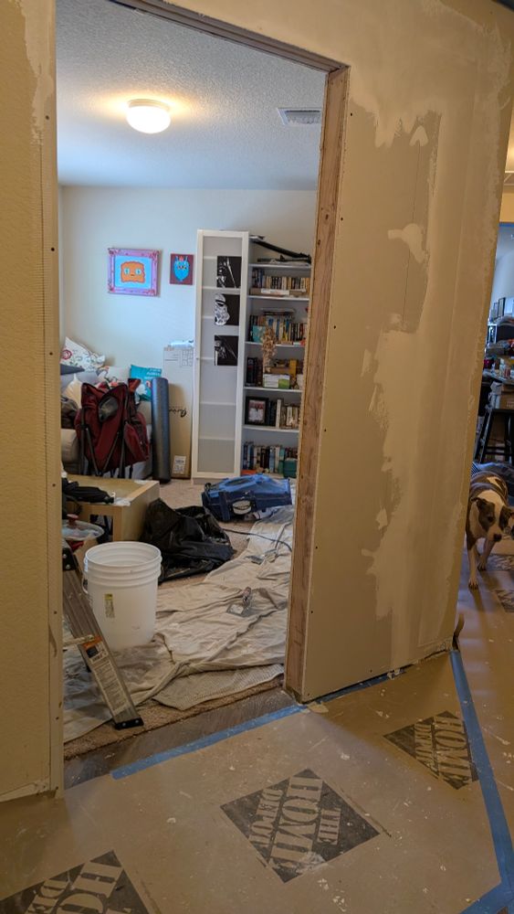 Opening in a wall. Which is how small enough to frame a door, with construction detritus strewn about. On the right you can see a white and brindle dog calming walking along a hallway toward the camera. 