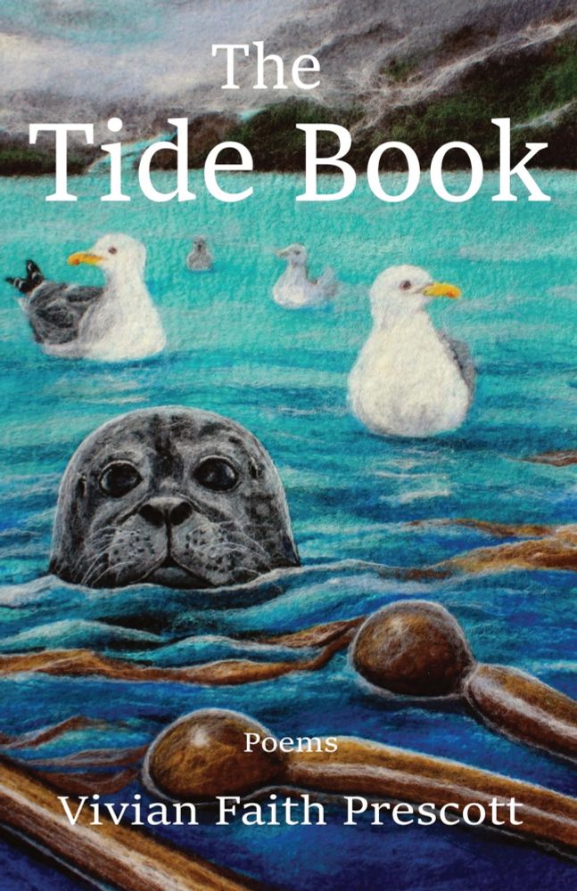 Wool fiber art shows seal peeking out of ocean with bull kelp & seagulls surrounding it. 