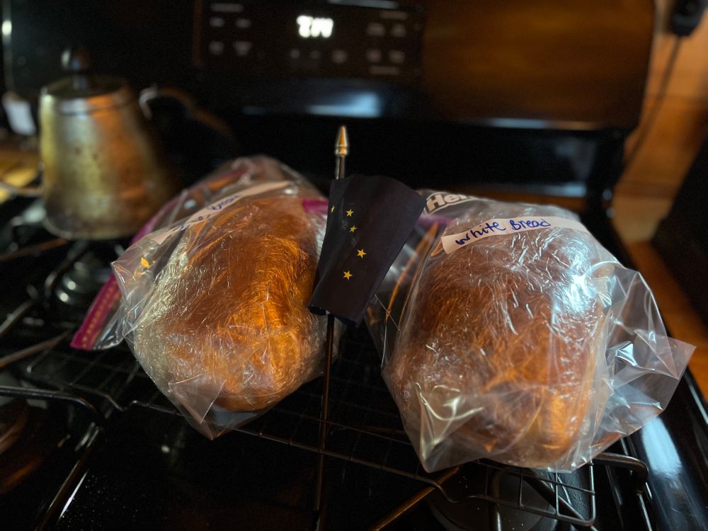 Two loaves of homemade bread sit on black stove. Bread is in baggies. 